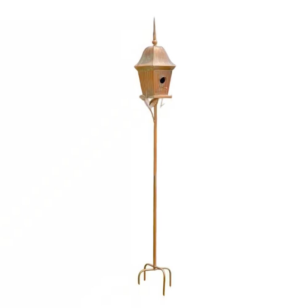 Copper Finish Iron Garden Birdhouse with Stake, Perch and Weather-Resistant Roof